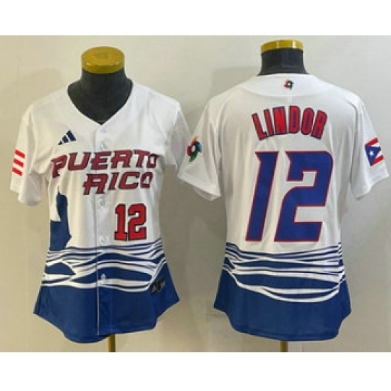 Womens Puerto Rico Baseball 12 Francisco Lindor Number 2023 White World Classic Stitched Jerseys