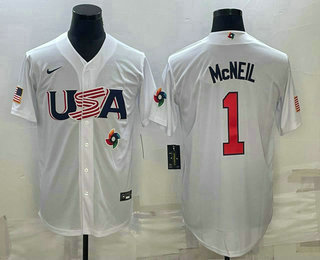 Men USA Baseball #1 Jeff McNeil 2023 White World Classic Stitched Jerseys