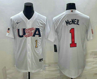 Men USA Baseball #1 Jeff McNeil Number 2023 White World Classic Stitched Jersey 2