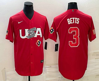 Men USA Baseball #3 Mookie Betts 2023 Red World Classic Stitched Jersey 2