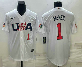 Men USA Baseball #1 Jeff McNeil Number 2023 White World Classic Stitched Jersey 1