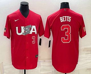 Men USA Baseball #3 Mookie Betts Number 2023 Red World Classic Stitched Jersey 2