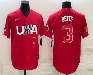 Men USA Baseball #3 Mookie Betts Number 2023 Red World Classic Stitched Jersey