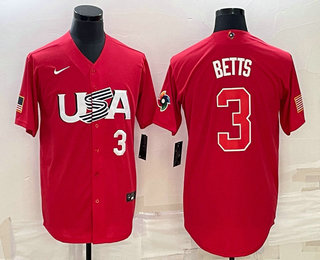 Men USA Baseball #3 Mookie Betts Number 2023 Red World Classic Stitched Jerseys