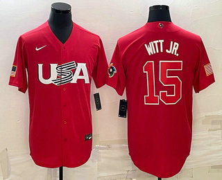 Men USA Baseball #15 Bobby Witt Jr 2023 Red World Baseball Classic Stitched Jersey