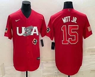 Men USA Baseball #15 Bobby Witt Jr 2023 Red World Baseball Classic Stitched Jerseys