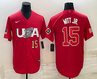 Men USA Baseball #15 Bobby Witt Jr Number 2023 Red World Baseball Classic Stitched Jersey 1