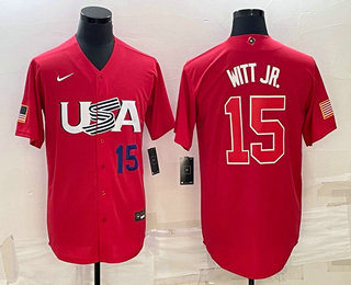 Men USA Baseball #15 Bobby Witt Jr Number 2023 Red World Baseball Classic Stitched Jersey 2