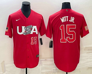 Men USA Baseball #15 Bobby Witt Jr Number 2023 Red World Baseball Classic Stitched Jersey1