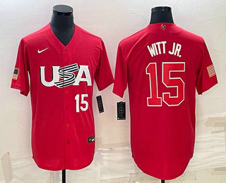 Men USA Baseball #15 Bobby Witt Jr Number 2023 Red World Baseball Classic Stitched Jerseys