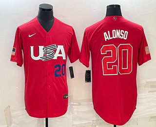 Men USA Baseball #20 Pete Alonso Number 2023 Red World Classic Stitched Jersey 3