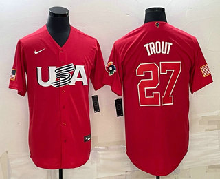 Men USA Baseball #27 Mike Trout 2023 Red World Classic Stitched Jersey 3