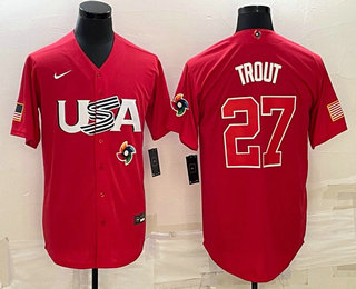 Men USA Baseball #27 Mike Trout 2023 Red World Classic Stitched 
