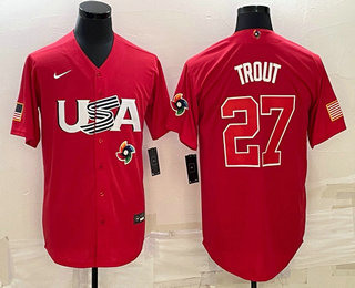 Men USA Baseball #27 Mike Trout 2023 Red World Classic Stitched Jerseys