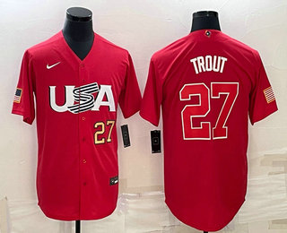 Men USA Baseball #27 Mike Trout Number 2023 Red World Classic Stitched Jersey 1