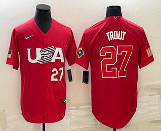 Men USA Baseball #27 Mike Trout Number 2023 Red World Classic Stitched Jersey 2