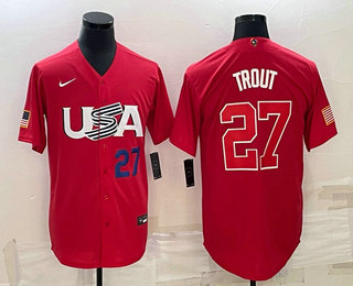 Men USA Baseball #27 Mike Trout Number 2023 Red World Classic St