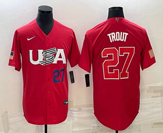 Men USA Baseball #27 Mike Trout Number 2023 Red World Classic Stitched Jerseys