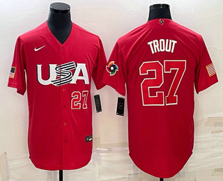 Men USA Baseball #27 Mike Trout Number 2023 Red World Classic Stitched Jersey1