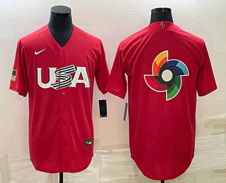 Men USA Baseball 2023 Red World Big Logo With Patch Classic Stitched Jersey I