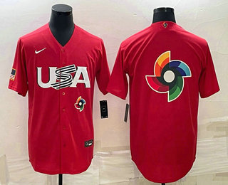 Men USA Baseball 2023 Red World Big Logo With Patch Classic Stitched Jerseys