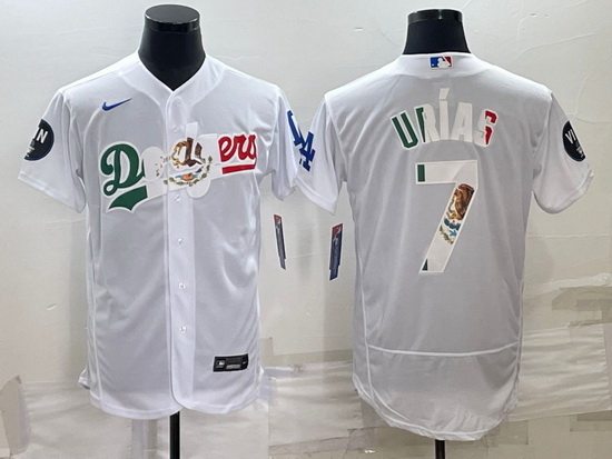 Men Los Angeles Dodgers 7 Julio Urias White With Vin Scully Patch Flex Base Stitched Baseball Jersey