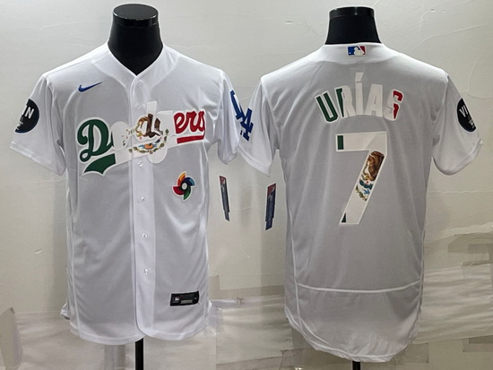 Men Los Angeles Dodgers 7 Julio Urias White With Vin Scully Patch Flex Base Stitched Baseball Jersey