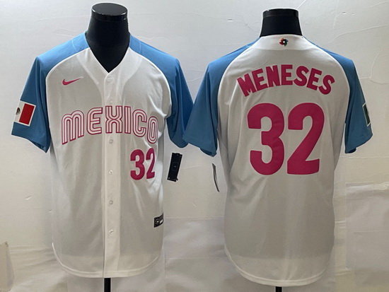 Men Mexico Baseball 32 Joey Meneses 2023 White Blue World Baseball Classic Stitched Jersey