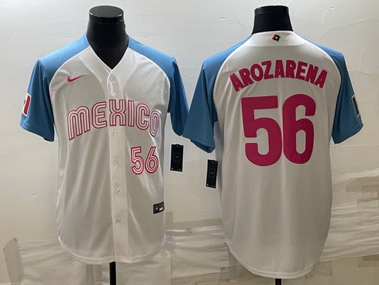 Men Mexico Baseball 56 Randy Arozarena 2023 White Blue World Baseball Classic Stitched JerseyS 1