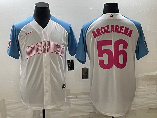 Men Mexico Baseball 56 Randy Arozarena 2023 White Blue World Baseball Classic Stitched JerseyS 2