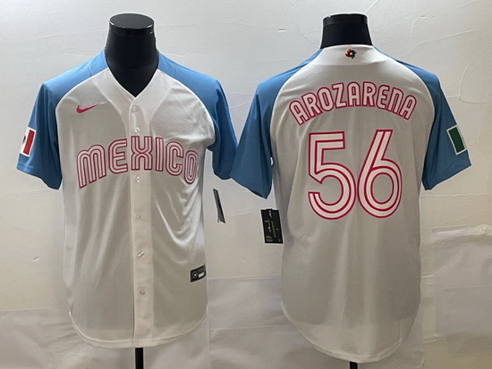 Men Mexico Baseball 56 Randy Arozarena 2023 White Blue World Baseball Classic Stitched JerseyS