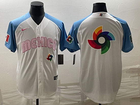 Men Mexico Baseball 2023 White Blue World Baseball Big Logo With Patch Classic Stitched Jersey