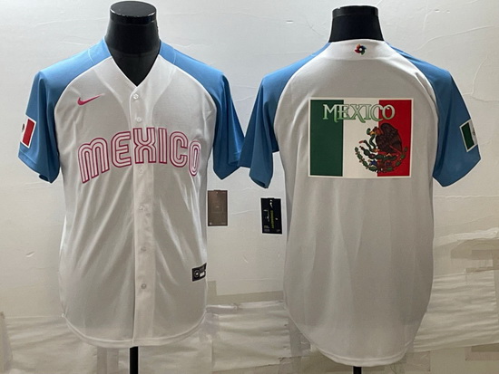 Men Mexico Baseball 2023 White Blue World Baseball Big Logo Classic Stitched Jersey