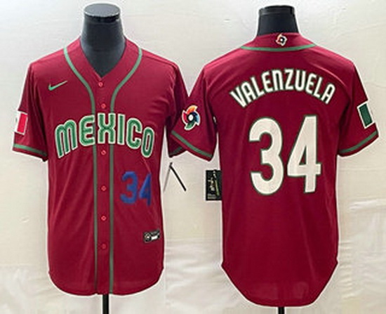 Men's Mexico Baseball #34 Fernando Valenzuela Number 2023 Red Blue World Baseball Classic Stitched J