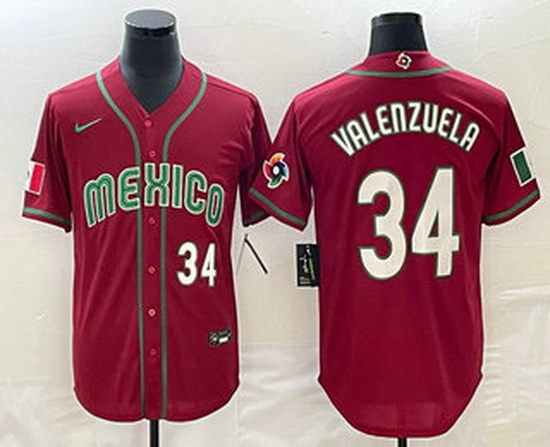 Men's Mexico Baseball #34 Fernando Valenzuela Number 2023 Red Blue World Baseball Classic Stitched J