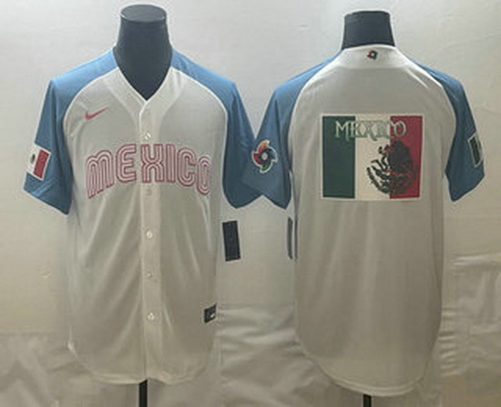 Men's Mexico Baseball 2023 White Blue World Big Logo Classic Stitched Jersey