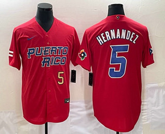 Mens Puerto Rico Baseball #5 Enrique Hernandez Number 2023 Red World Classic Stitched Jersey