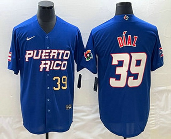 Men's Puerto Rico Baseball #39 Edwin Diaz Number 2023 Blue World Baseball Classic Stitched Jersey