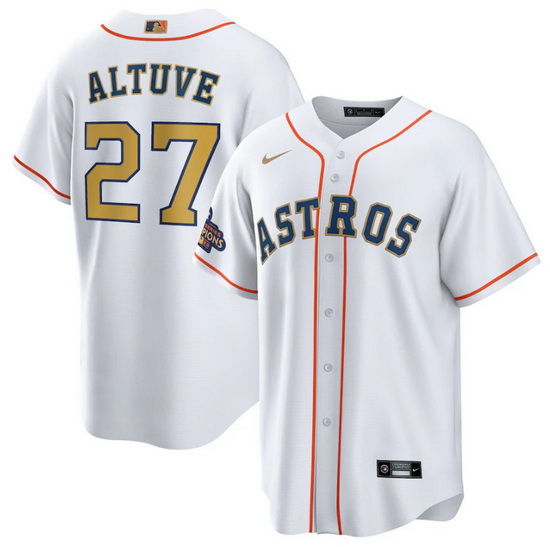 Men Houston Astros 27 Jose Altuve White 2023 Gold Collection With World Serise Champions Patch Cool 