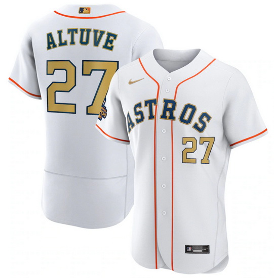 Men Houston Astros 27 Jose Altuve White 2023 Gold Collection With World Serise Champions Patch Stitc