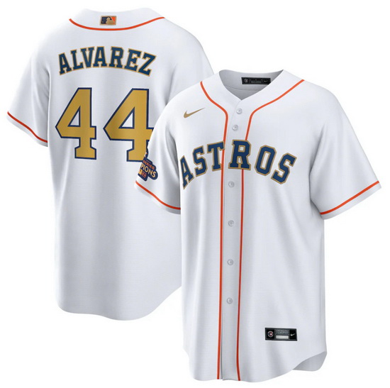 Men Houston Astros 44 Yordan Alvarez White 2023 Gold Collection With World Serise Champions Patch Co