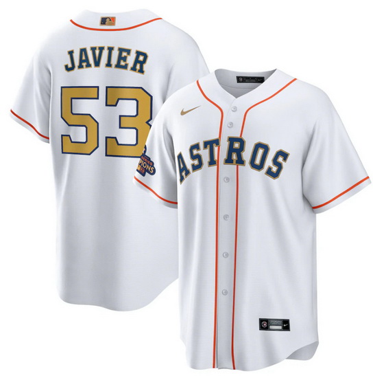 Men Houston Astros 53 Cristian Javier White 2023 Gold Collection With World Serise Champions Patch C