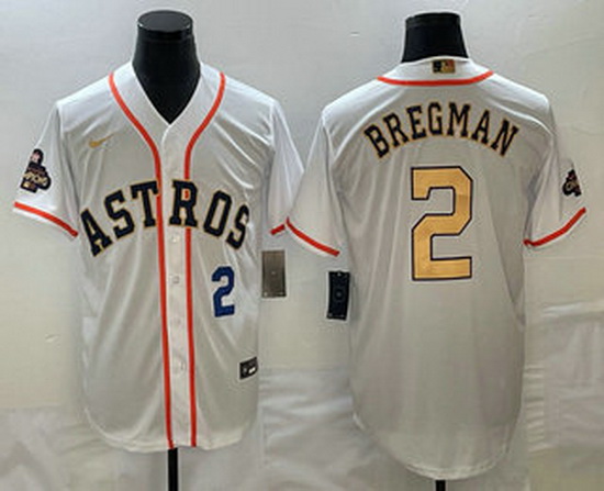 Mens Houston Astros #2 Alex Bregman Number 2023 White Gold World Serise Champions Patch Cool Base St