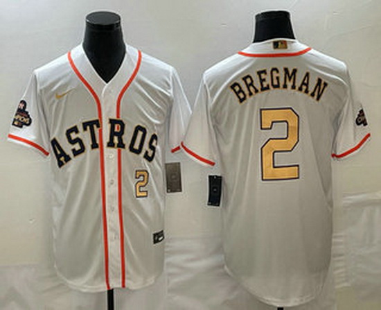 Men's Houston Astros #2 Alex Bregman Number 2023 White Gold World Serise Champions Patch Cool Base S