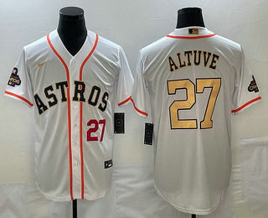 Mens Houston Astros #27 Jose Altuve Number 2023 White Gold World Serise Champions Patch Cool Base St