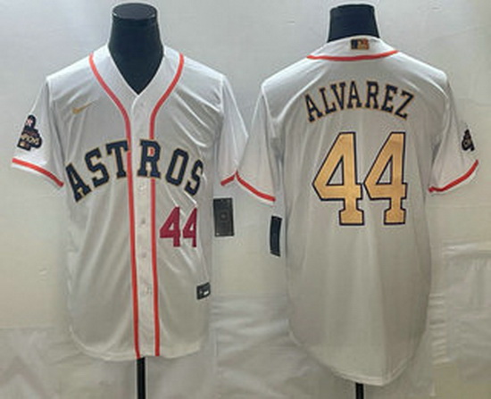 Men's Houston Astros #44 Yordan Alvarez Number 2023 White Gold World Serise Champions Patch Cool Bas