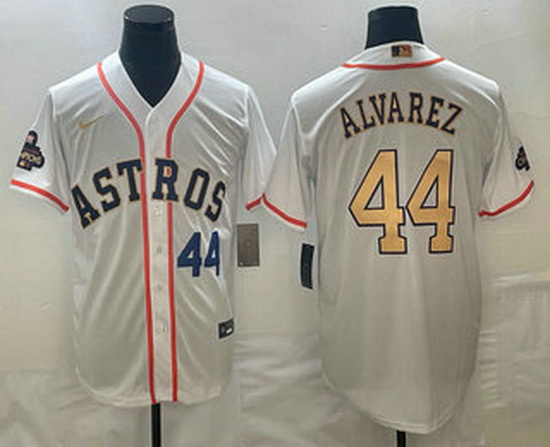 Mens Houston Astros #44 Yordan Alvarez Number 2023 White Gold World Serise Champions Patch Cool Base