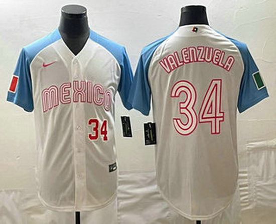 Men's Mexico Baseball #34 Fernando Valenzuela Number 2023 White Blue World Classic Stitched Jersey2