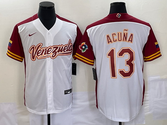 Men's Venezuela Baseball #13 Ronald Acuna Jr 2023 White Red Worl