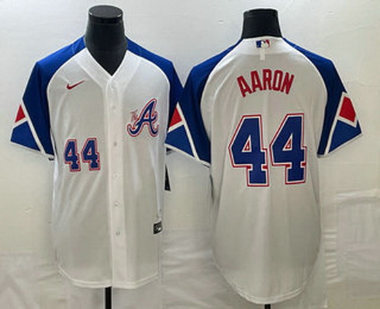 Mens Atlanta Braves #44 Hank Aaron Number White 2023 City Connect Cool Base Stitched Jersey